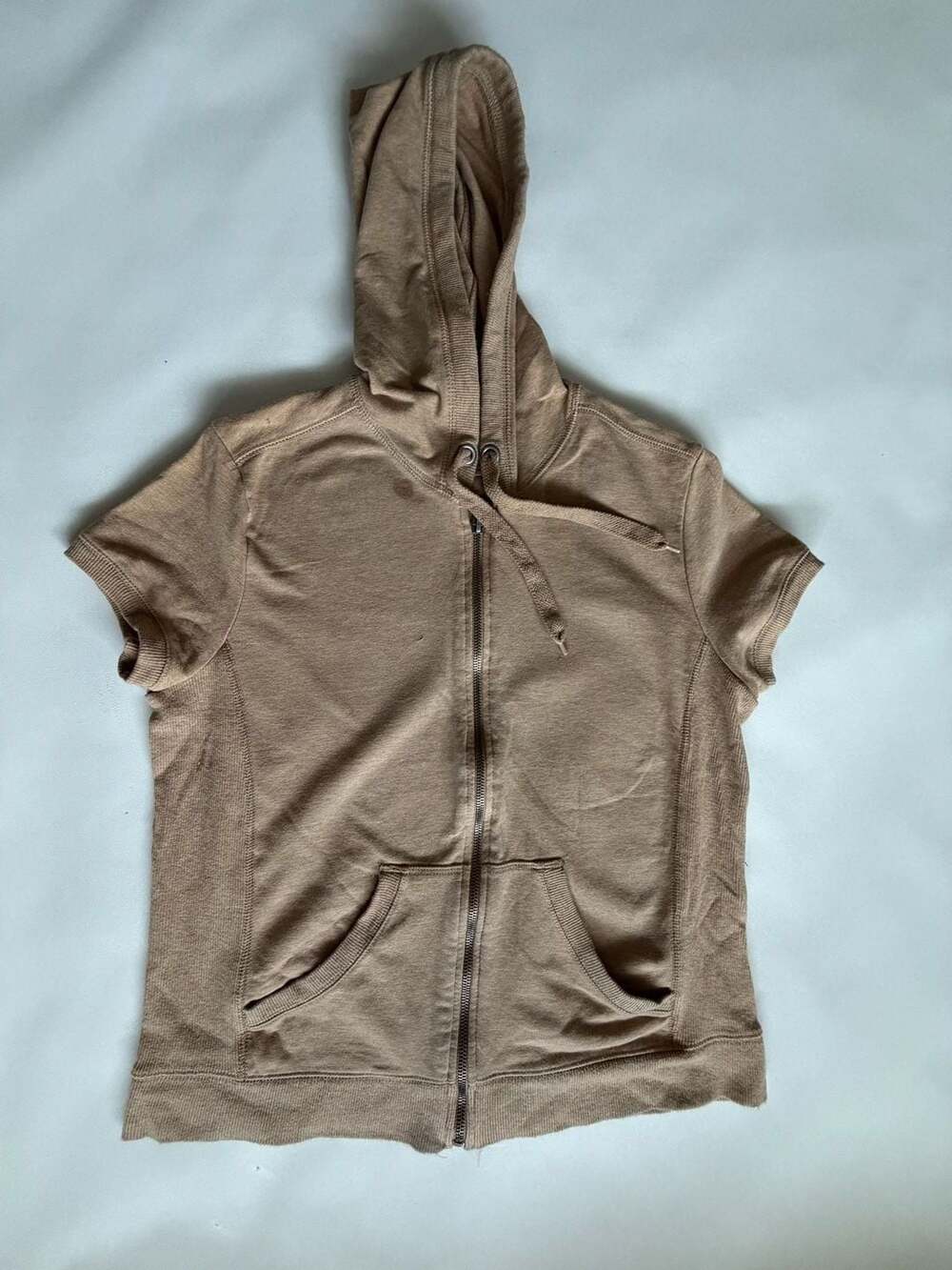 Prospirit Short Sleeve Zip Hoodie M Brown Athleisure Y2K Streetwear Gym Top